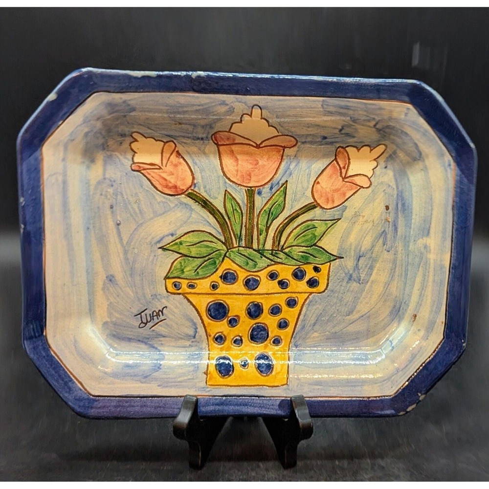 Vintage Redware Mexican Art Pottery Flower Tulip Tray Signed Juan 10.5" Handmade